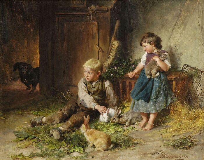 Феликс Шлезингер "Дети играют с кроликами в конюшне"